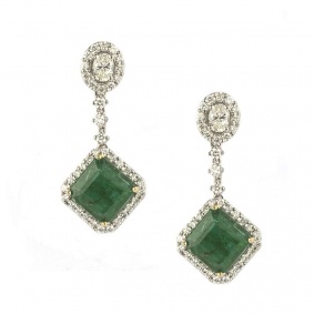 18k White Gold Emerald & Diamond Drop Earrings